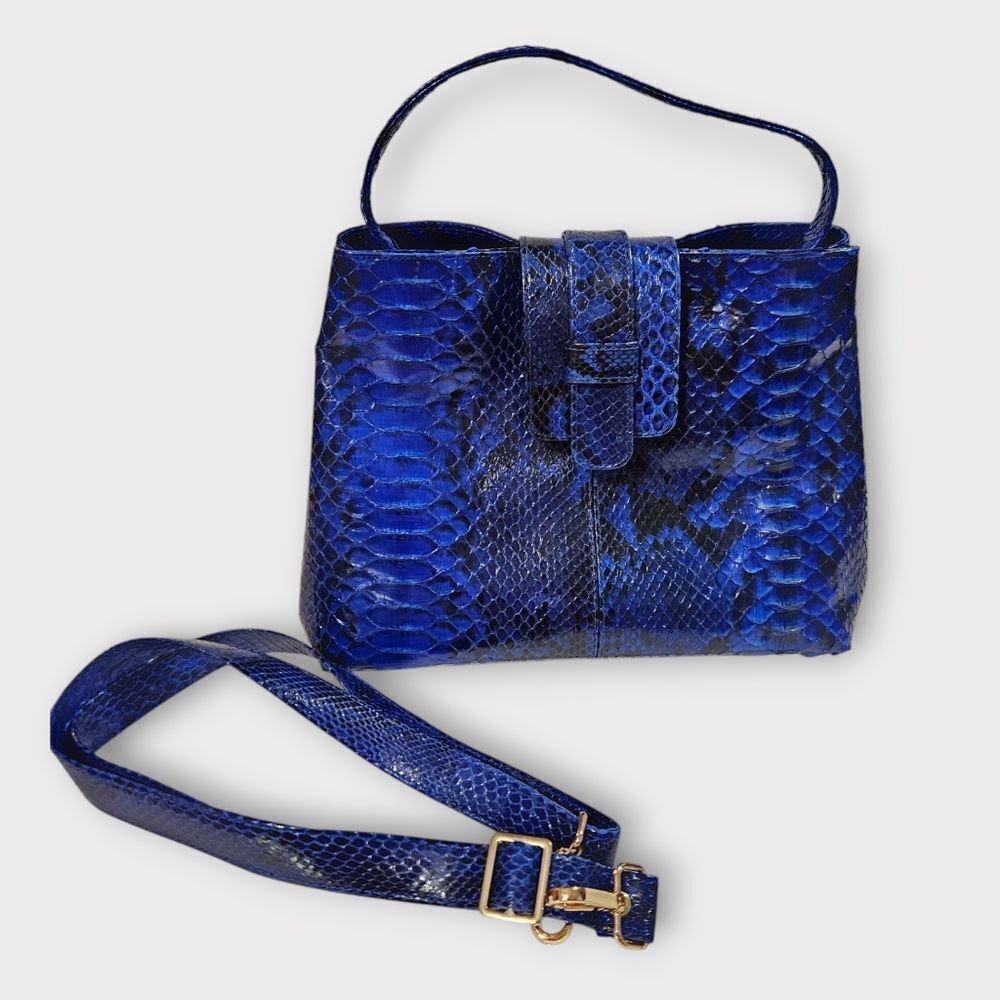 Blue Snake-Embossed Satchel Handbag with Detachable Strap
